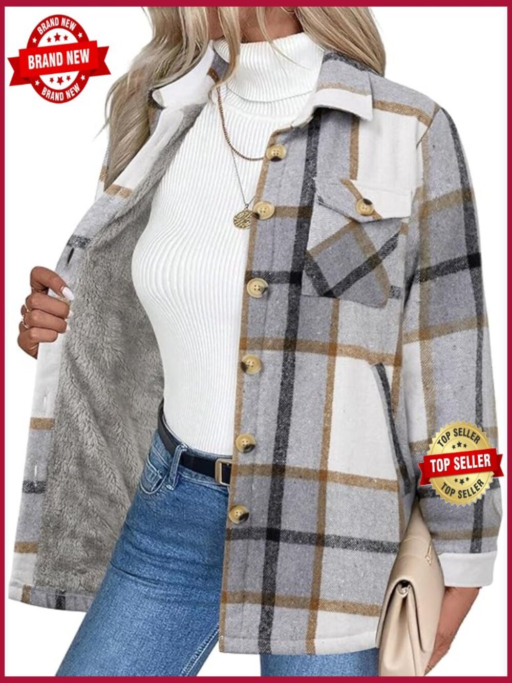 Fleece Sherpa Lined Flannel Button Down Shacket Winter Coat